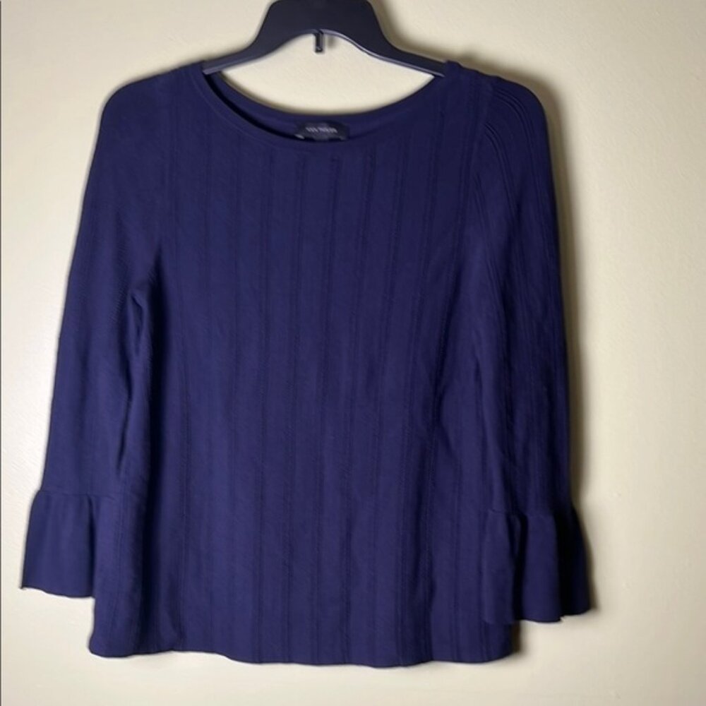 Ann Taylor Blue Ribbed Bell Sleeve Blouse
